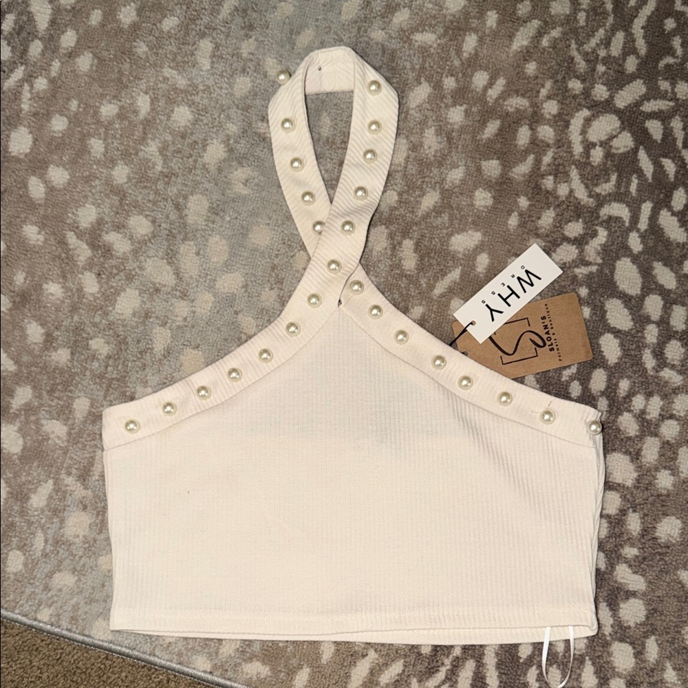 Stylish Cream Halter Crop Top with Pearl Details